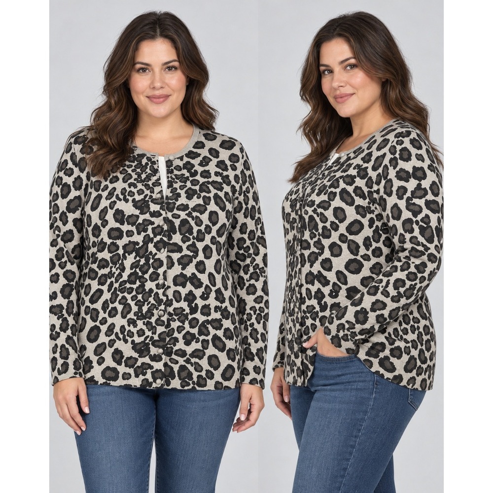 Merona Womens XL Gray Leopard Print Button Front Cardigan Sweater Long Sleeve